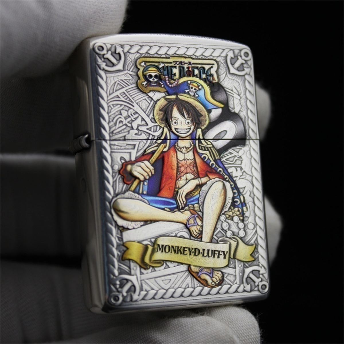 Front view of Zippo Armor lighter featuring Monkey D. Luffy from One Piece in 3D engraved relief, collectible anime gift