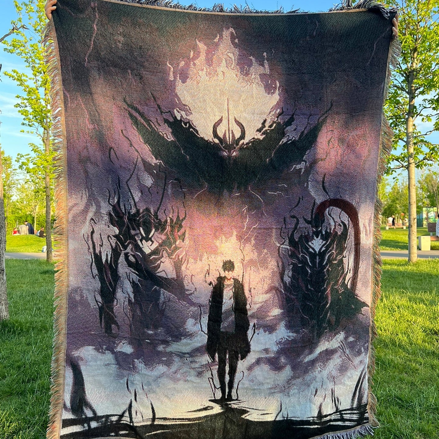 Solo Leveling Woven Blanket – Anime Throw Blanket with Sung Jin-Woo Design – Soft & Durable Anime Decor for Fans