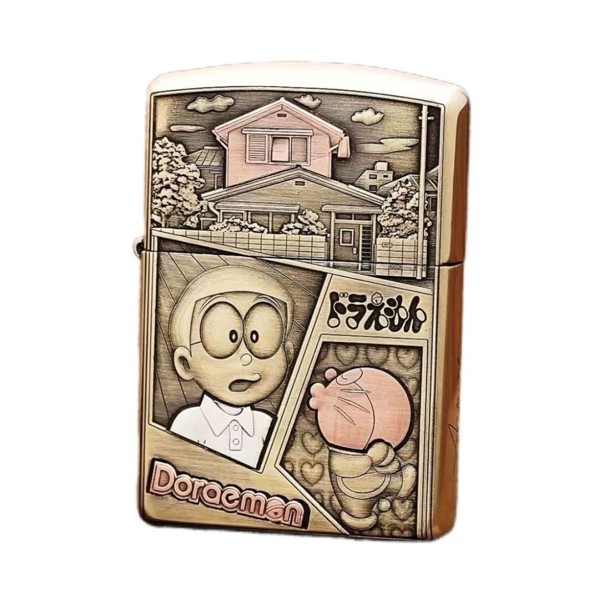 Vintage Zippo lighter with 3D relief of Doraemon and Nobita, anime collectible design with house background