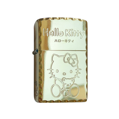 Front view of gold Zippo lighter with engraved Hello Kitty and teddy bear, kawaii collectible for anime and Sanrio fans