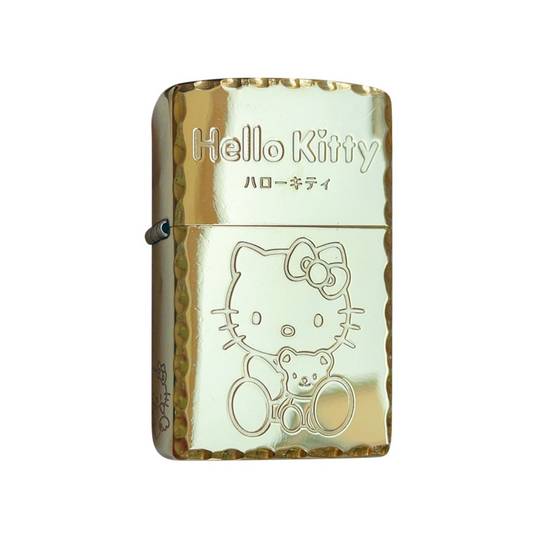 Front view of gold Zippo lighter with engraved Hello Kitty and teddy bear, kawaii collectible for anime and Sanrio fans