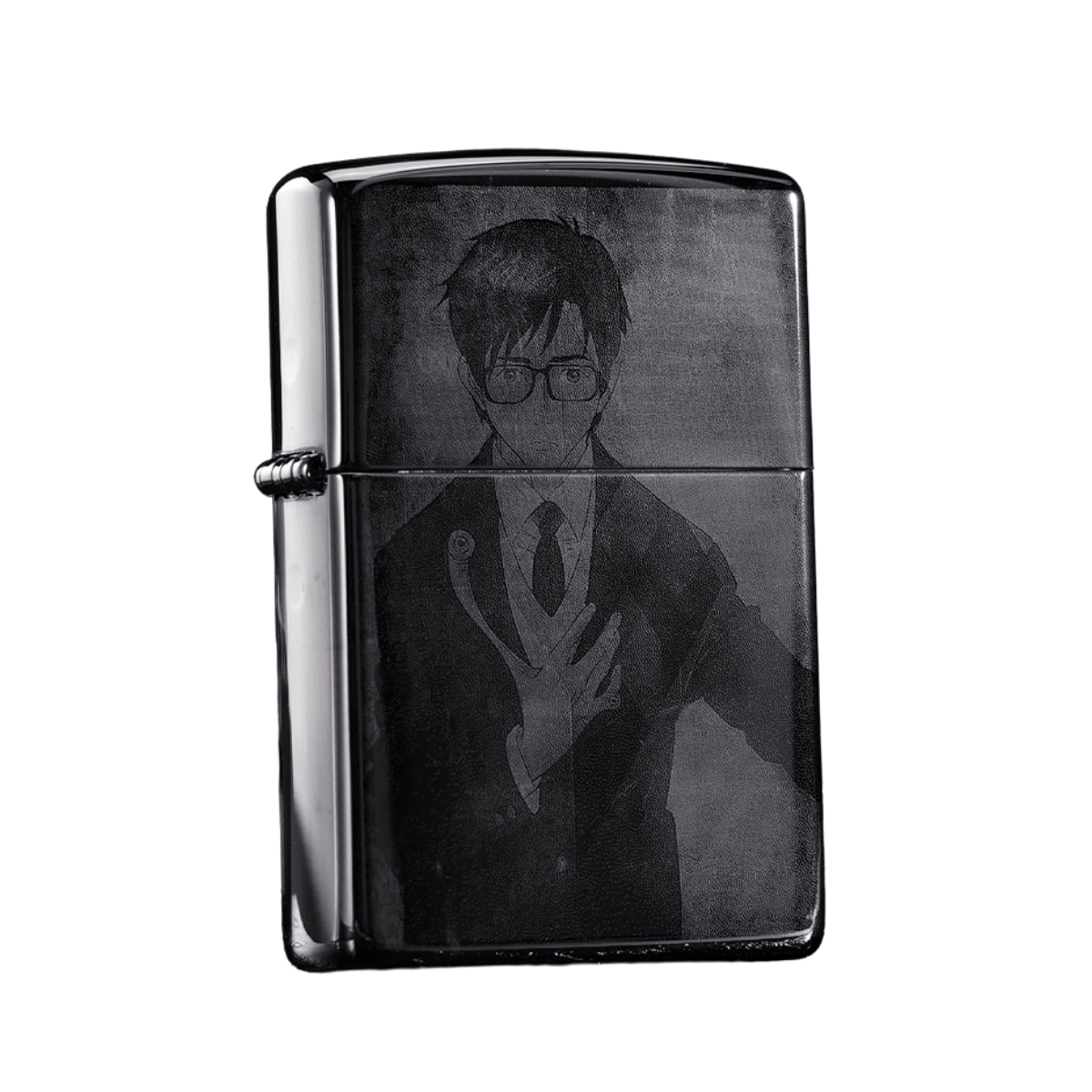 Black Ice Zippo lighter engraved with Shinichi Izumi from Parasyte anime and Migi parasite arm detail, anime collector gift