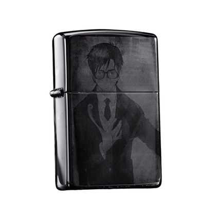 Black Ice Zippo lighter engraved with Shinichi Izumi from Parasyte anime and Migi parasite arm detail, anime collector gift
