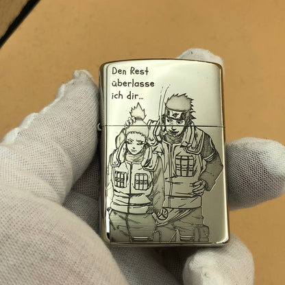 Silver lighter with engraved design held by a gloved hand against a beige background