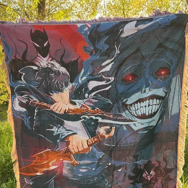 Solo Leveling Woven Blanket – Anime Throw Blanket with Sung Jin-Woo Design – Soft & Durable Anime Decor for Fans