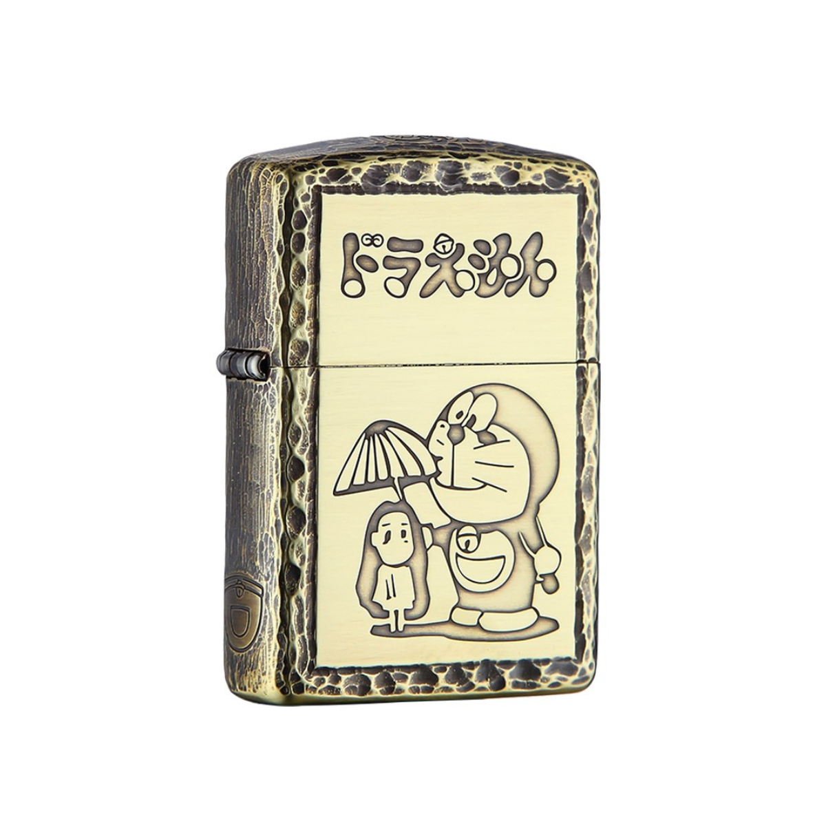 Front of Zippo Doraemon lighter with 3D relief engraved design, vintage brass armor style anime collectible

