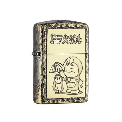 Front of Zippo Doraemon lighter with 3D relief engraved design, vintage brass armor style anime collectible

