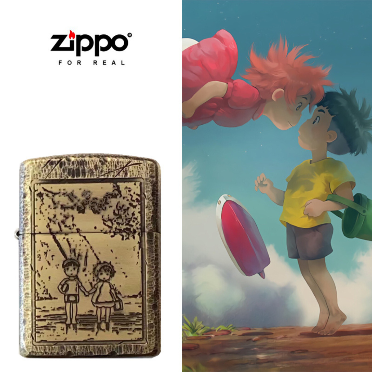 Front view of Zippo Armor lighter with hand-carved Miyazaki anime scene, vintage gold tone engraved collectible