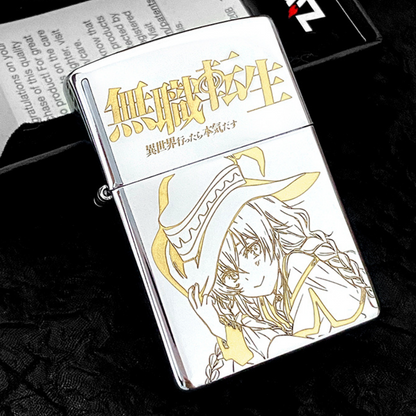 Front view of a Zippo lighter engraved with Roxy Migurdia from the anime Mushoku Tensei, detailed in gold on a silver metallic finish.
