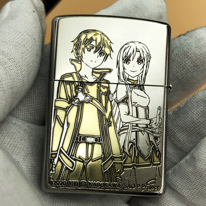 Front view of a Zippo lighter featuring an engraved design of Kirito and Asuna from Sword Art Online.