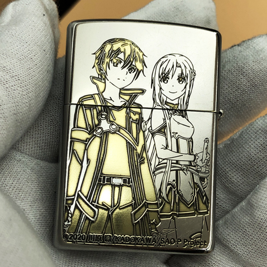 Front view of a Zippo lighter featuring an engraved design of Kirito and Asuna from Sword Art Online.