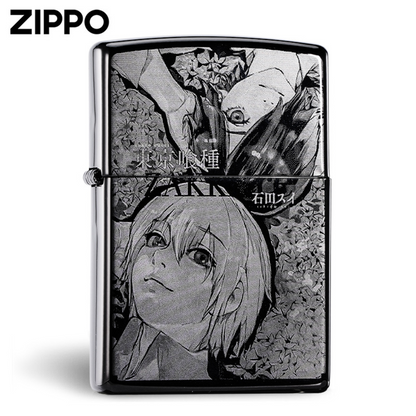 Front view of black engraved Zippo lighter featuring Tokyo Ghoul anime character design with floral background