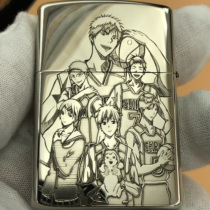 Front view of a Zorro lighter featuring deep engraved artwork of Kuroko and Seirin basketball team from the anime Kuroko no Basketball.